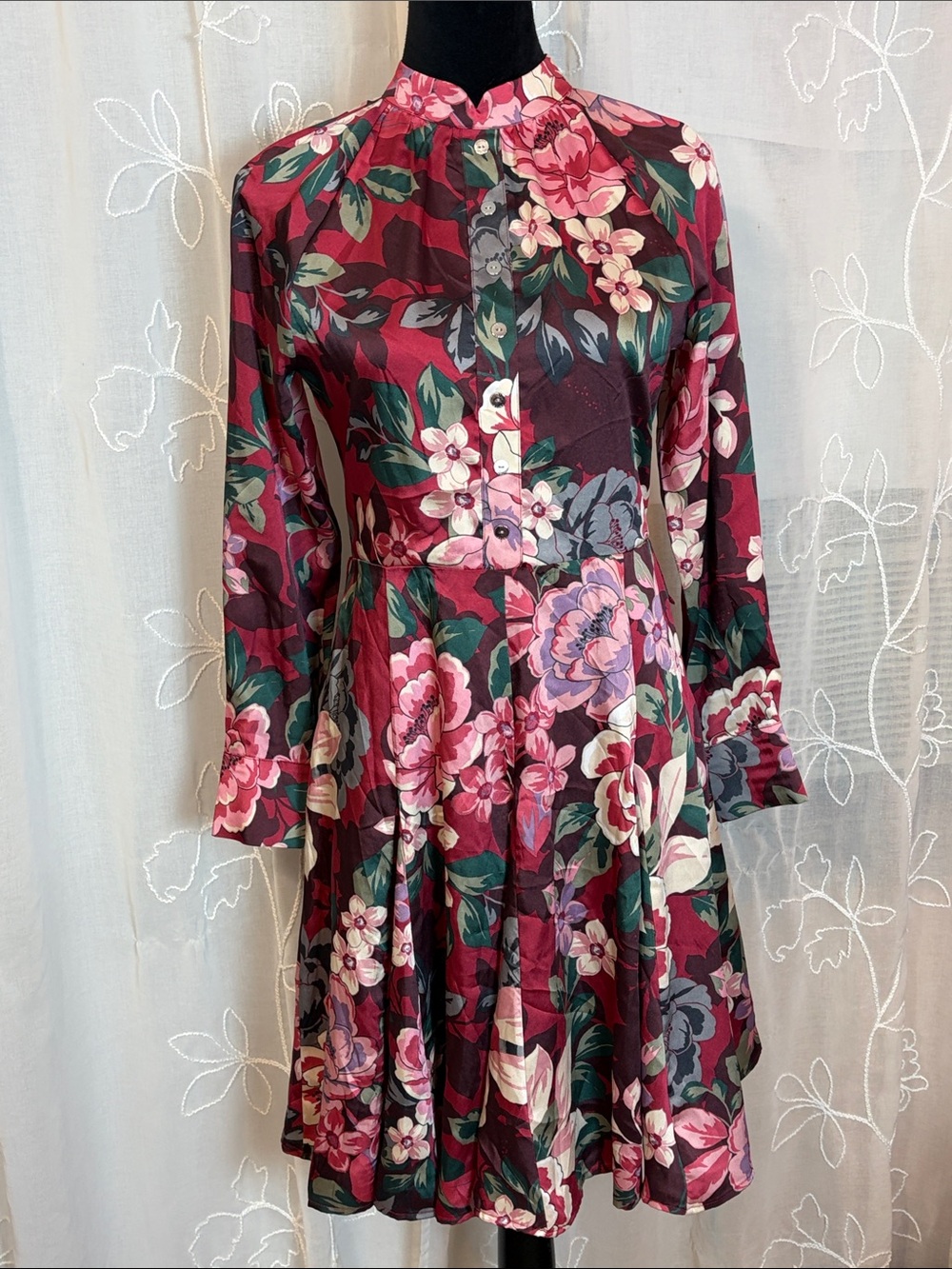 Tahari ASL Floral Long-Sleeve Fit & Flare Dress - Wine Multi 4